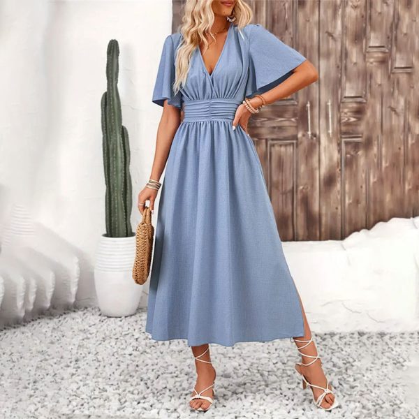 Women’s Ruffle Sleeve High Slit Maxi Dress - Summer Chic