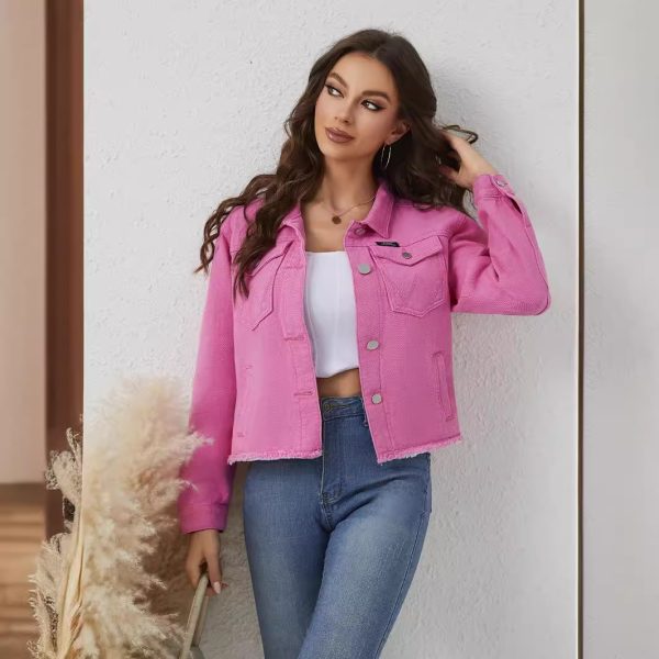 Women’s Pink Slimming Short Denim Coat – Fashionable Spring Jacket