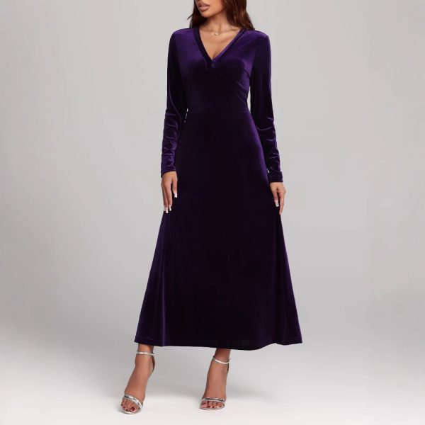 Autumn Winter V-Neck Long Sleeve Pleuche Evening Dress - Image 4