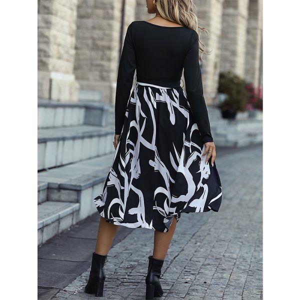 Elegant Long Sleeve Square Collar High Waist Printed Dress - Image 4