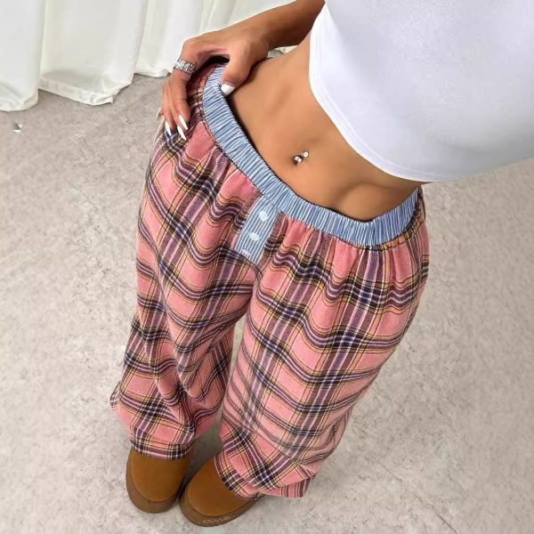 Millennium Sexy Sweet Plaid Color Block Waist Straight Leg Trousers - Image 3