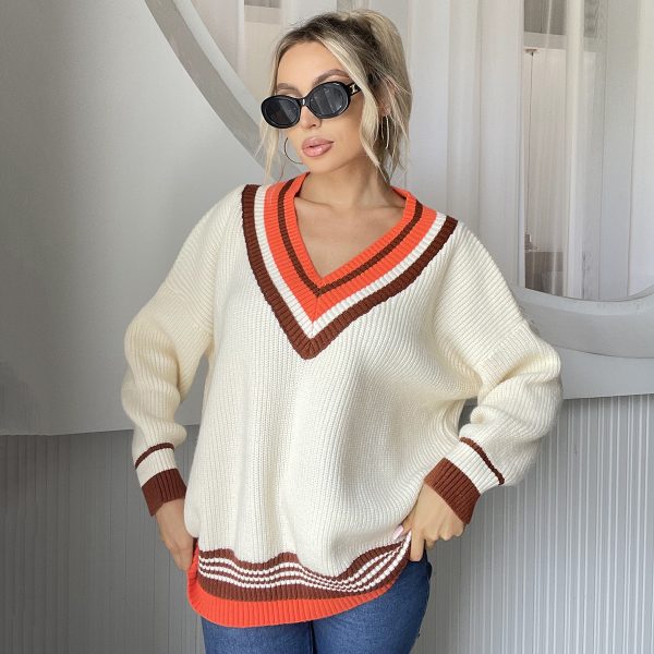 Women’s Solid Color V-Neck Striped Contrast Color Knitted Pullover Sweater