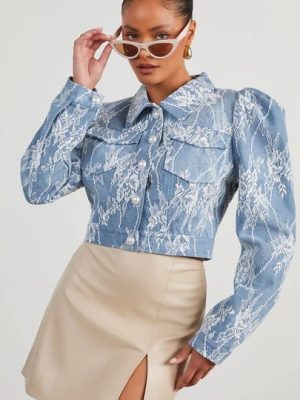 Women’s Spring Casual Loose Floral Lace Denim Jacket