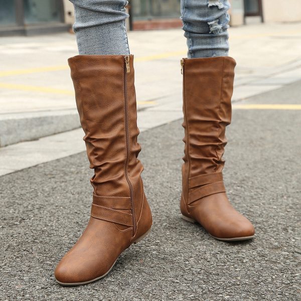 Women’s Pleated Brown Faux Leather Side Zipper Boots with Belt Buckles - Image 2