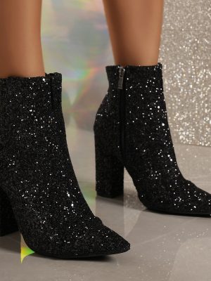 Plus Size Sequin Pointed Toe Chunky Heel Women’s Boots for Autumn Winter