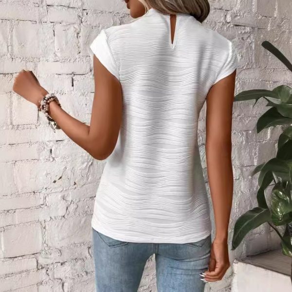 Women’s Summer Half Turtleneck Water Ripple Back Button Short Sleeve T-shirt - Image 2