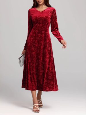 Autumn Winter V-Neck Printed Velvet Dress