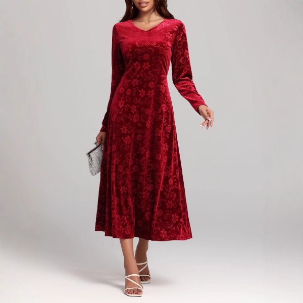 Autumn Winter V-Neck Printed Velvet Dress