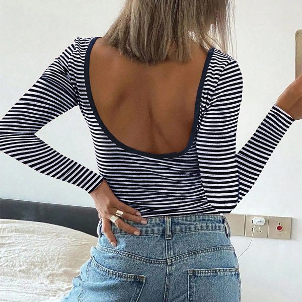 Striped Contrast Color Long Sleeve Back Exposed T-Shirt for Women - Image 4