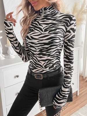 Women’s Zebra Print Turtleneck Mesh Slim T-Shirt Top