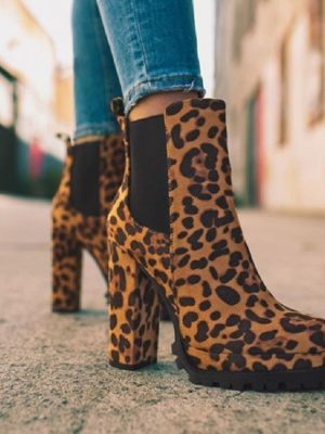 Leopard Print Chunky Heel Short Knight Boots for Women