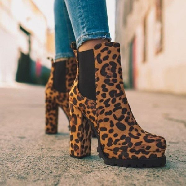 Leopard Print Chunky Heel Short Knight Boots for Women