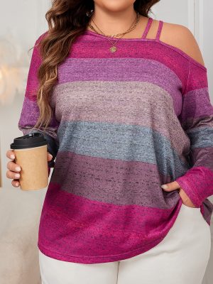 Plus Size Off-Shoulder Color Block Long Sleeve Shirt