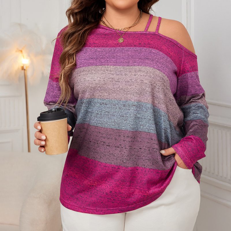 Plus Size Off-Shoulder Color Block Long Sleeve Shirt