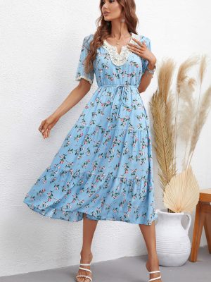 Women’s Best Floral V-Neck Short Sleeve Dress – Elegant Summer Dress