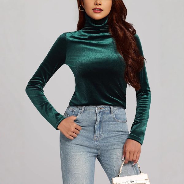 Autumn Gold Velvet Slim Fit High Collar T-Shirt for Women - Image 2