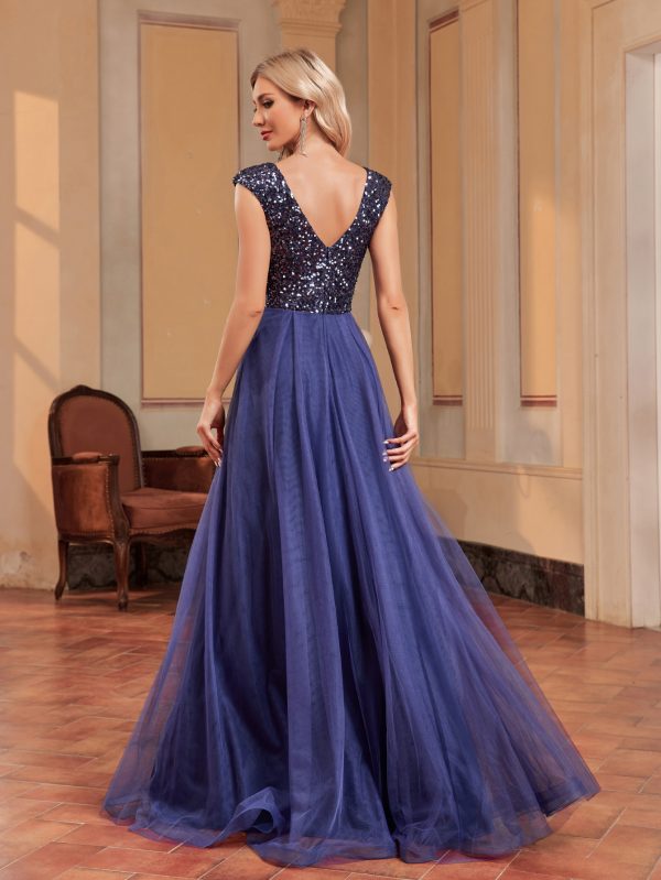 V Neck Sequined Tulle A-Line Floor Length Prom Evening Dress - Image 3