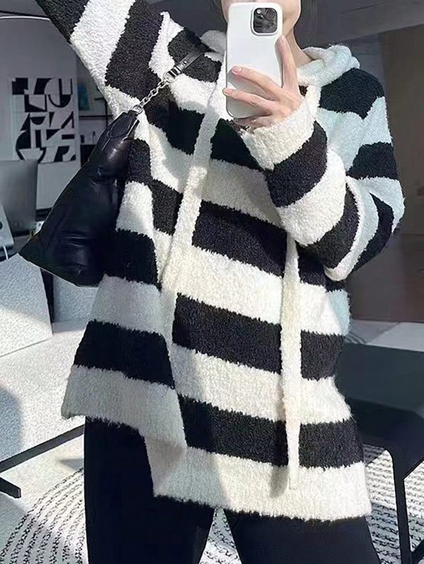 Women's Hooded Black & White Striped Knitted Pullover Sweater - Image 3