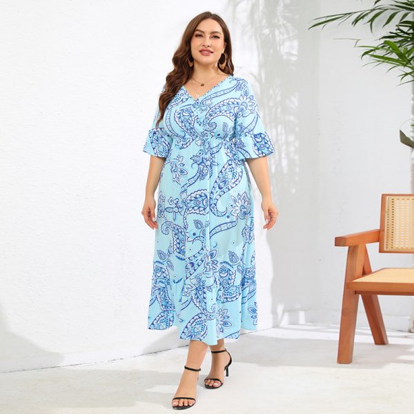 Paisley Print Bell Sleeve Long Beach Dress – Seaside Holiday Maxi Dress - Image 3