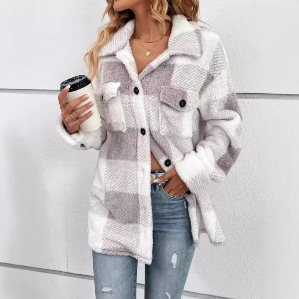 Women’s Color Matching Plaid Button Jacket, Warm Plush Coat - Image 5