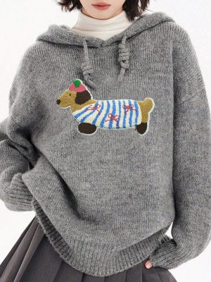 Women’s Sausage Dog Embroidered Hooded Pullover Sweater