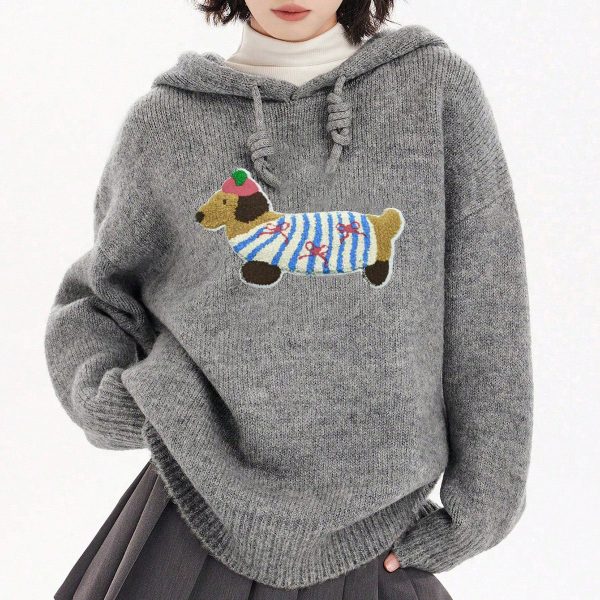 Women's Sausage Dog Embroidered Hooded Pullover Sweater