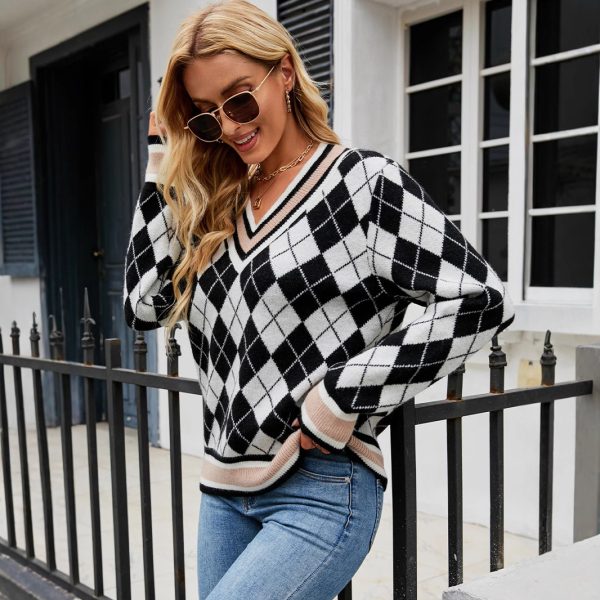 Autumn Winter V-Neck Casual Plaid Pullover Sweater for Women - Image 2