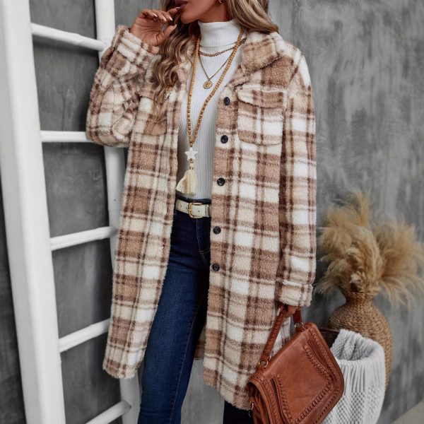 Fall & Winter Printed Plaid Long Double-Sided Plush Cardigan Coat for Women