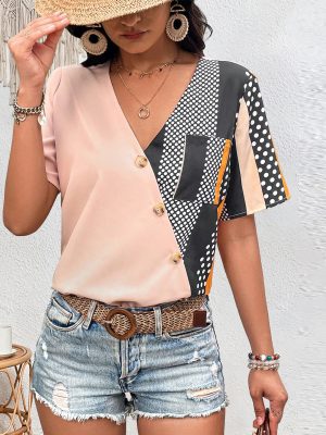 Color Contrast Patchwork V-Neck Slim Fit Shirt Women