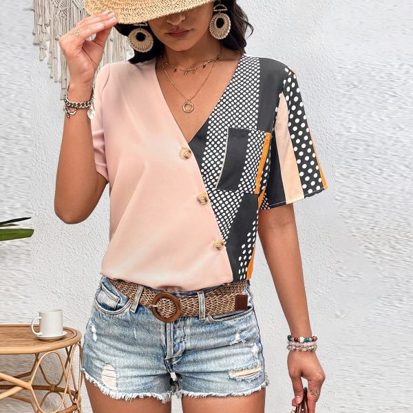 Color Contrast Patchwork V-Neck Slim Fit Shirt Women