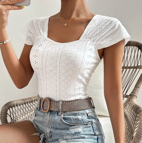 Women’s Summer Square Collar Backless Slim Fit Short Sleeve T-shirt - Image 3