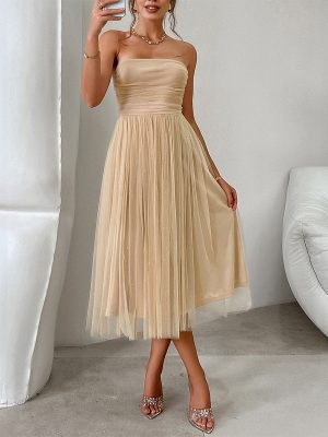 Elegant High-Waist Mesh Midi Tube Top Dress for Women