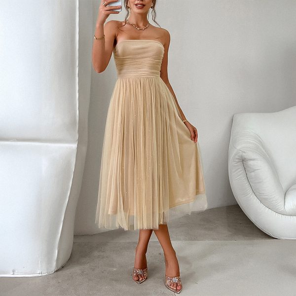 Elegant High-Waist Mesh Midi Tube Top Dress for Women