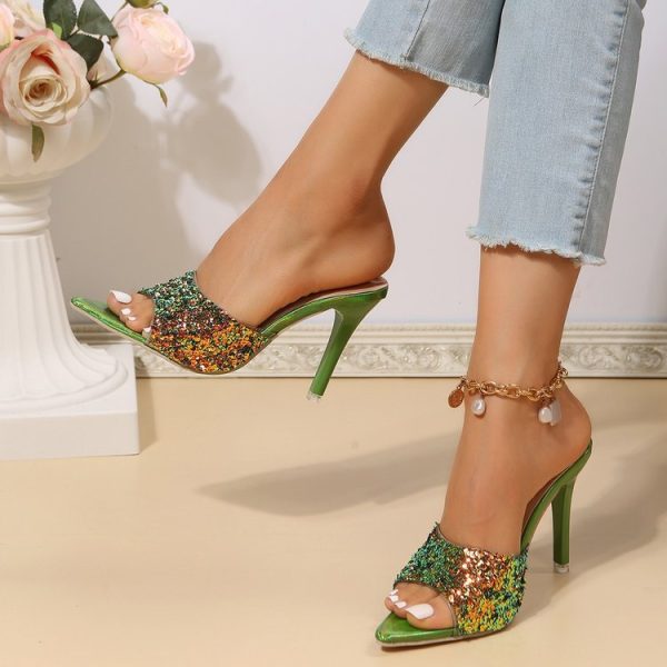 Women’s Sequined Pointed Toe Baring High Heel Stiletto Sandals - Image 2