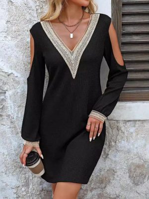 Elegant Solid Color Lace V-Neck Hollow Out Long Sleeve Dress for Autumn/Winter