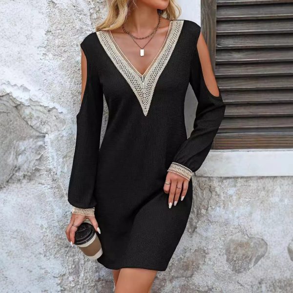 Elegant Solid Color Lace V-Neck Hollow Out Long Sleeve Dress for Autumn/Winter