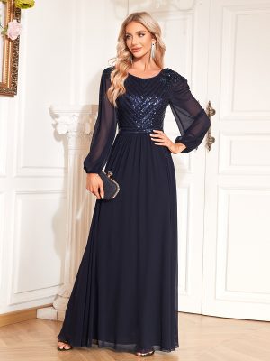 Sequined Long Sleeve Fishtail Cocktail Evening Dress