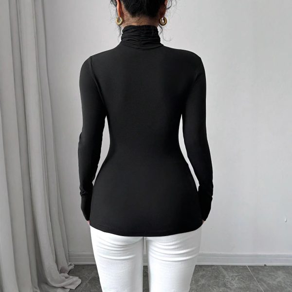 Black Sexy Turtleneck Floral Appliqué Long Sleeve Fitted Top for Women - Spring Fashion - Image 2