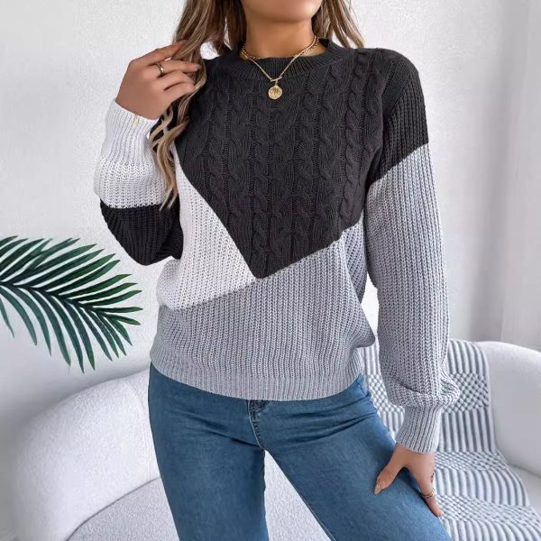 Autumn Winter Casual Plain Stitch Contrast Color Twist Knitted Pullover - Image 2