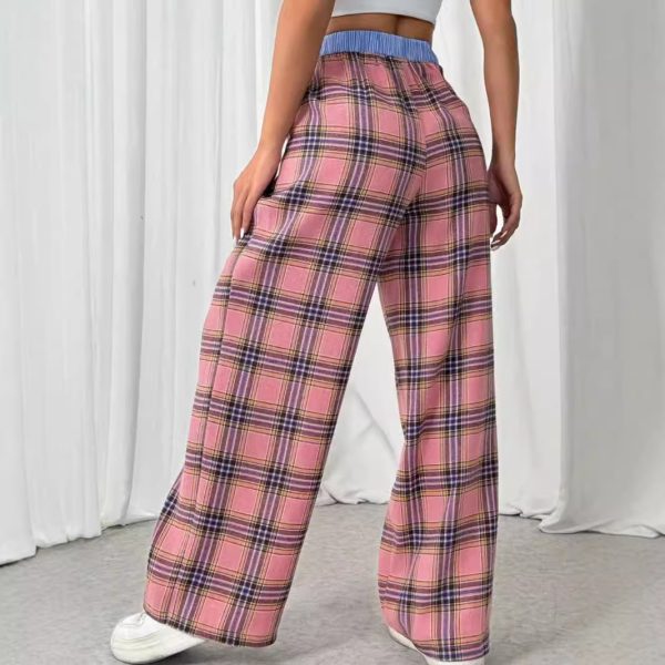 Millennium Sexy Sweet Plaid Color Block Waist Straight Leg Trousers - Image 2