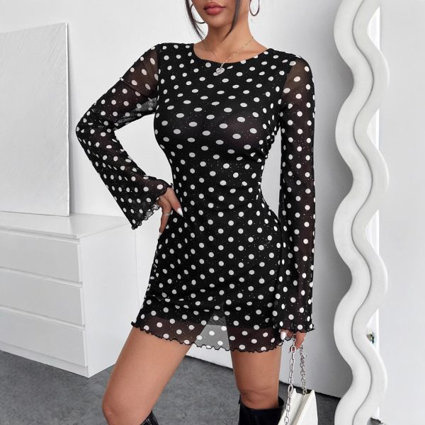 Elegant Mesh Polka Dot Printed Round Neck Backless Long Sleeve Dress - Image 3