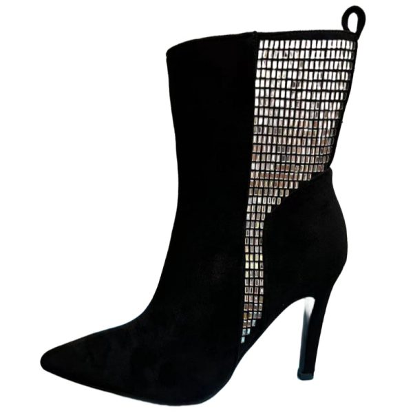 Black Velvet Rhinestone Stiletto Short High Heel Boots - Image 5