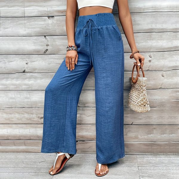 Women High Waist Smocking Elastic Waist Loose Wide Leg Pants