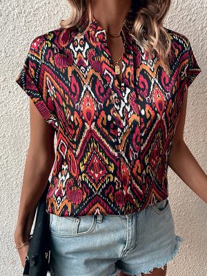 Printed Batwing Sleeve V-Neck Short Sleeve Shirt Top