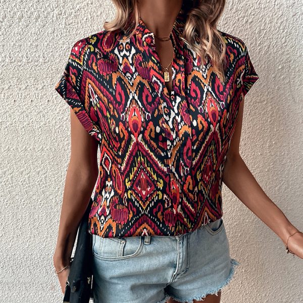 Printed Batwing Sleeve V-Neck Short Sleeve Shirt Top