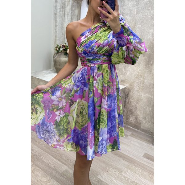 Women's Slant Shoulder Printed Zipper Party Dress