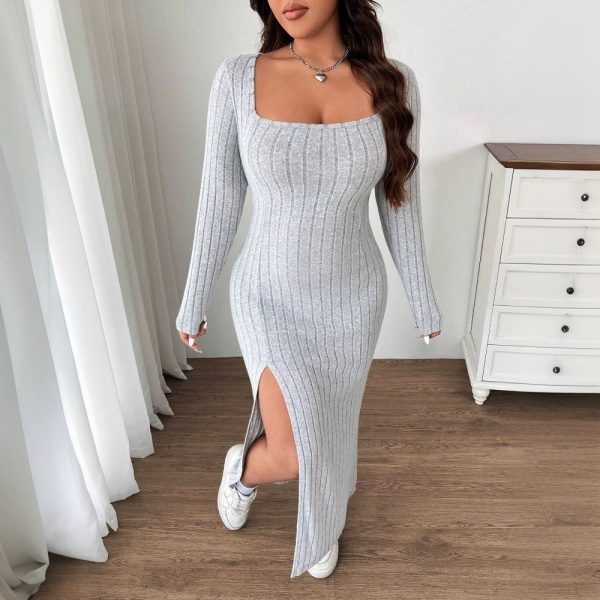 Plus Size Women’s Slim Fit Slit Midi Dress for Autumn Winter - Image 3