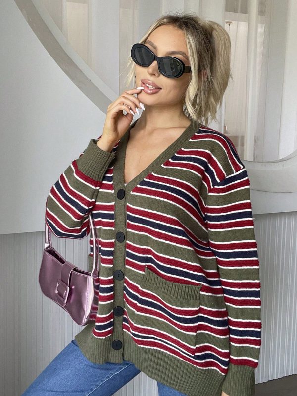 Women’s V-Neck Striped Contrast Color Knitted Cardigan Sweater Coat - Image 2