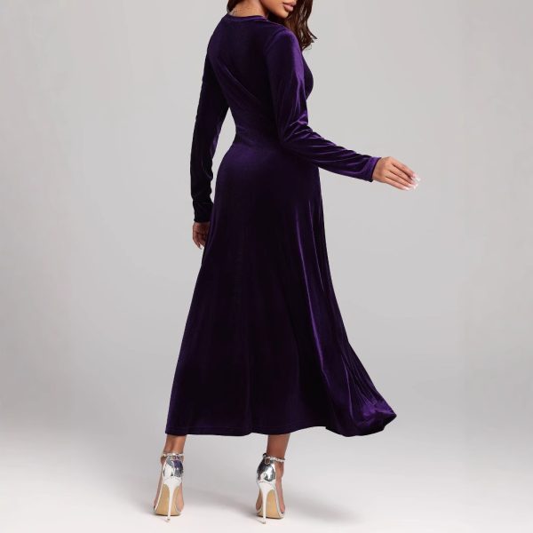 Autumn Winter V-Neck Long Sleeve Pleuche Evening Dress - Image 2