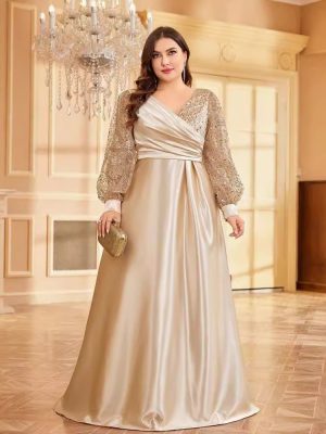 Plus Size Satin V-Neck Sequin Maxi Cocktail Evening Dress